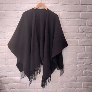 Portoland 100% Wool Poncho Black Wrap Cardigan Fringed Cape Shrug S,M,L One Size